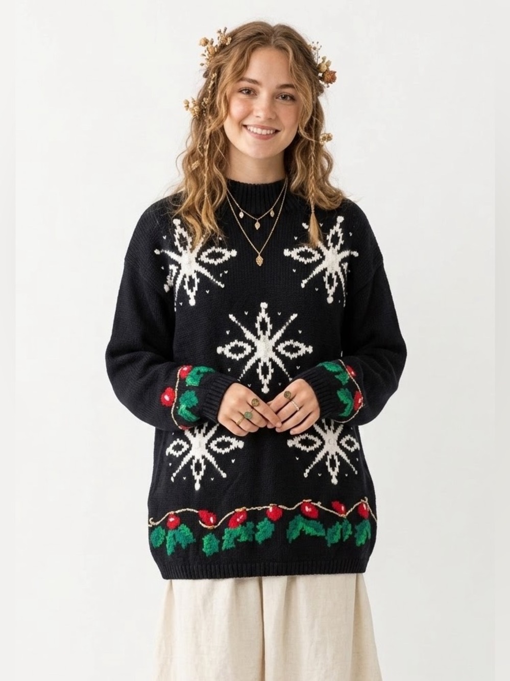 Vintage Ugly Christmas Sweater Snowflake Holly Cotton Wool Cottagecore Kitschy